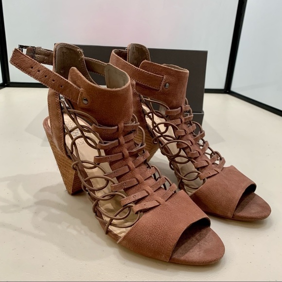 Vince Camuto Bootie Adult 8.5 Smoke Taupe VC-Evel Stacked Block Heel Open Toe - Picture 1 of 12